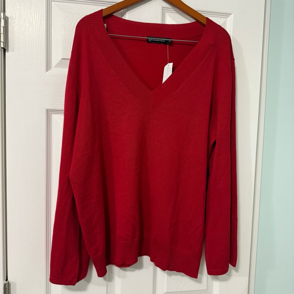New York & Company Bold Red V-Neck Sweater NWT, XXL